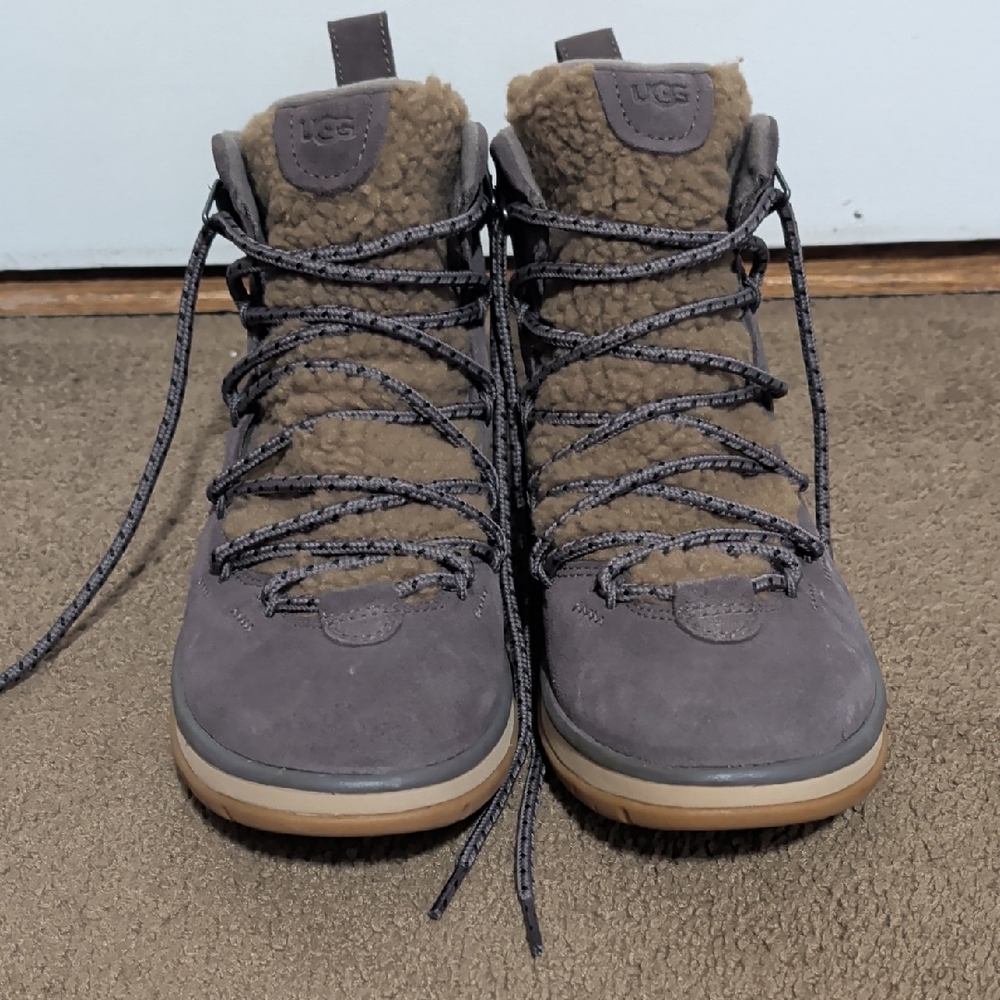 UGG Gray and Tan Sherpa-Lined Winter Lace-Up Boots